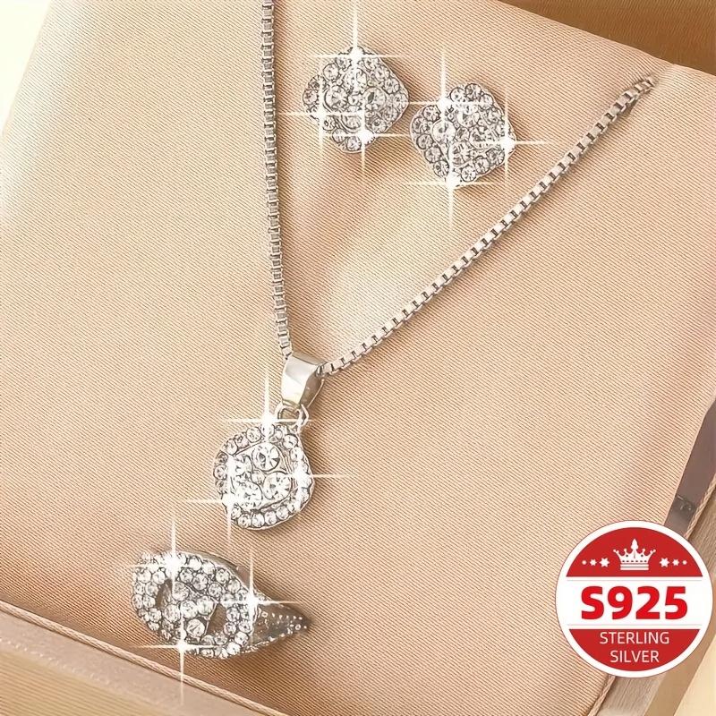 4pcs Elegant S925 Silver Pendant Necklace + Earrings + Ring