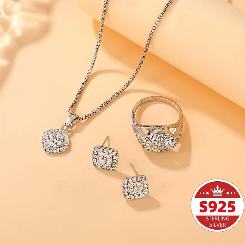 4pcs Elegant S925 Silver Pendant Necklace + Earrings + Ring