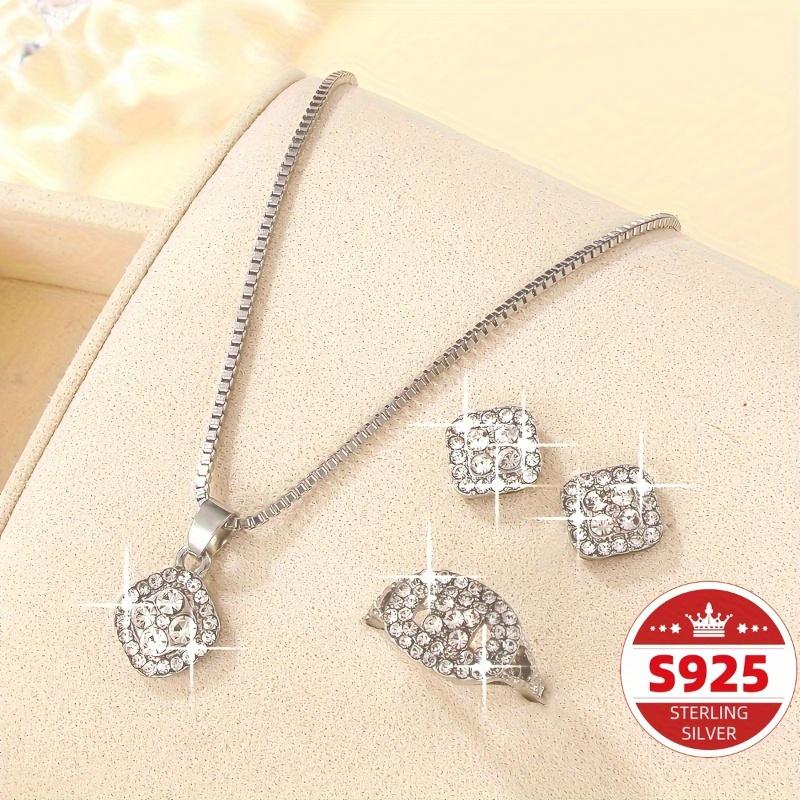 4pcs Elegant S925 Silver Pendant Necklace + Earrings + Ring