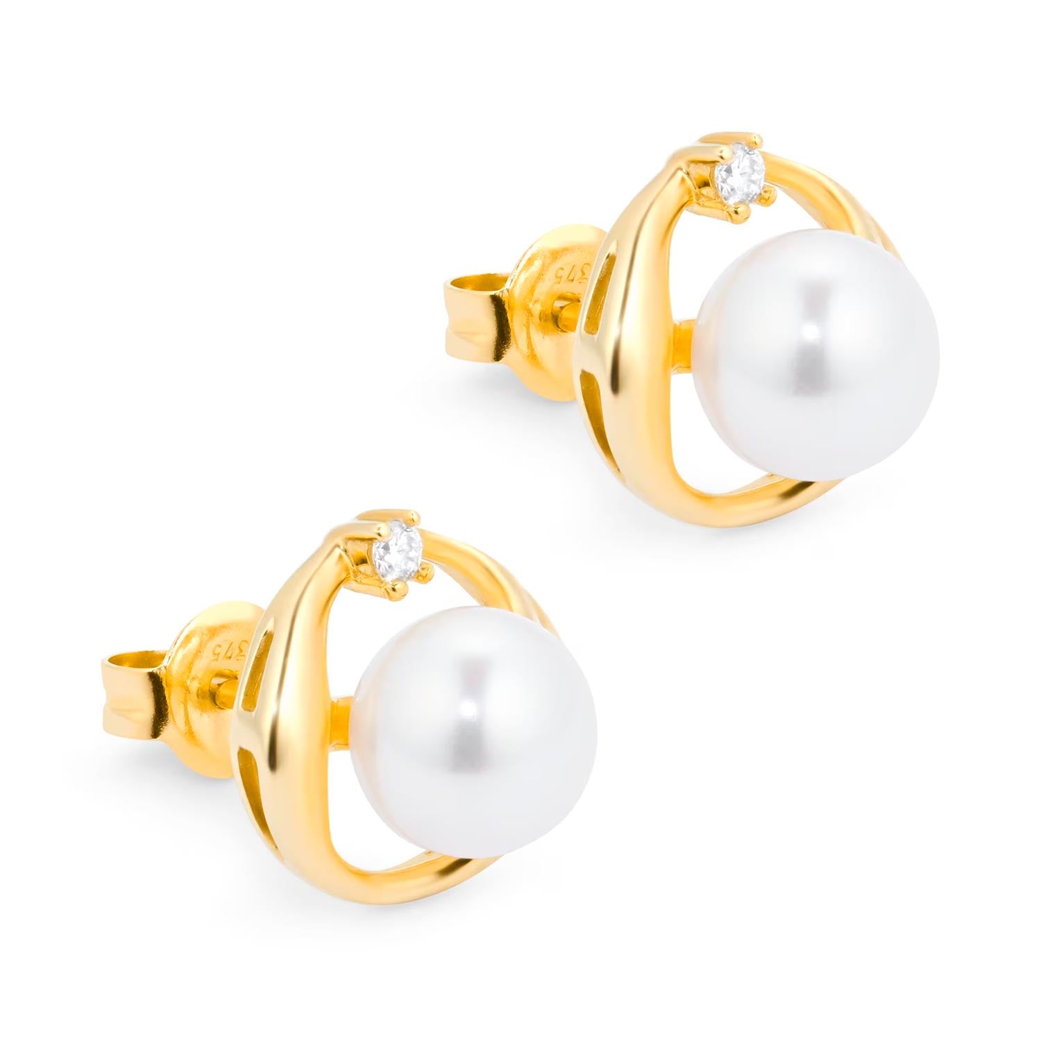 9ct Yellow Gold Fluid Pearl 0.04ct Stud Earrings
