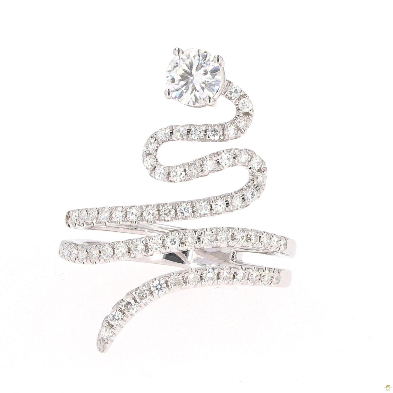 1.14 CTW   Round  Moissanite Swirl Statement Ring in 14K White Gold