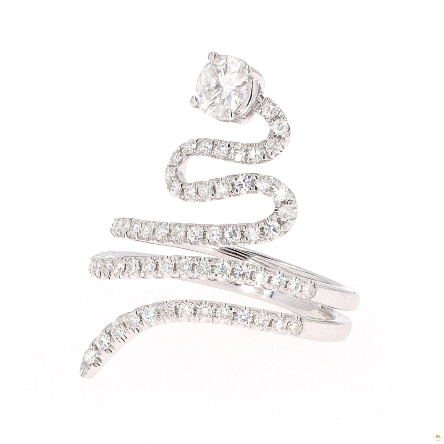 1.14 CTW   Round  Moissanite Swirl Statement Ring in 14K White Gold