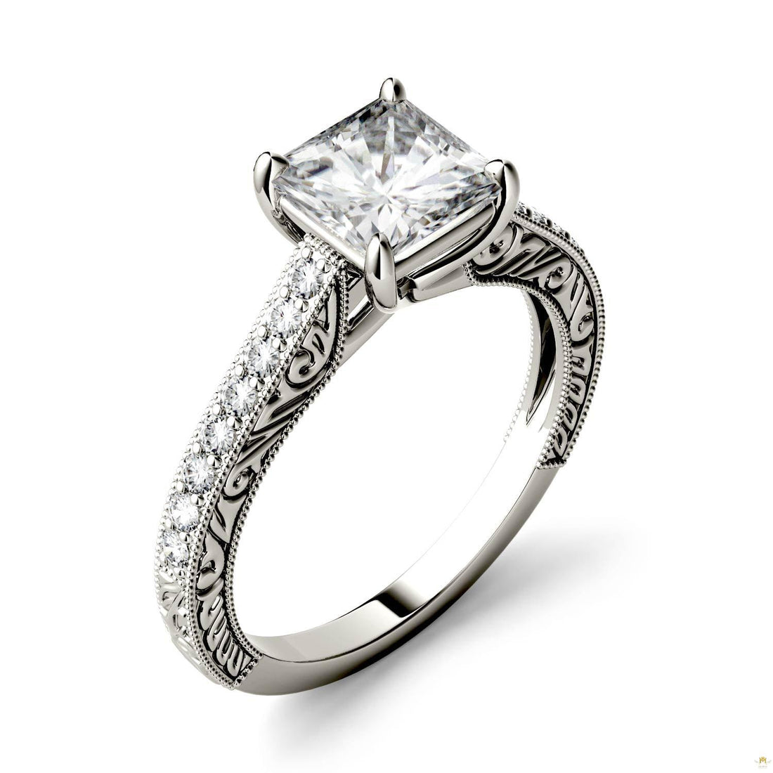 1.74 CTW   Square Moissanite Engagement Ring in 14K White Gold