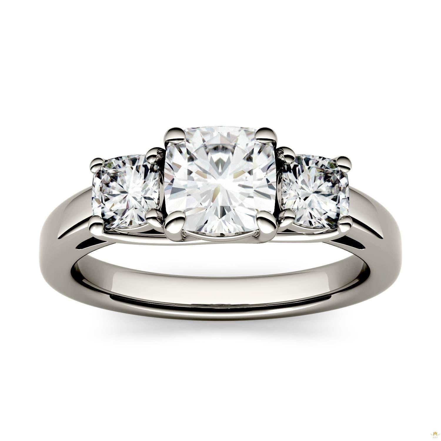 1.76 CTW   Cushion Moissanite Three Stone Ring in 14K White Gold