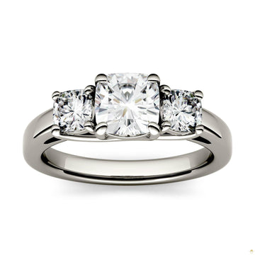 1.76 CTW   Cushion Moissanite Three Stone Ring in 14K White Gold
