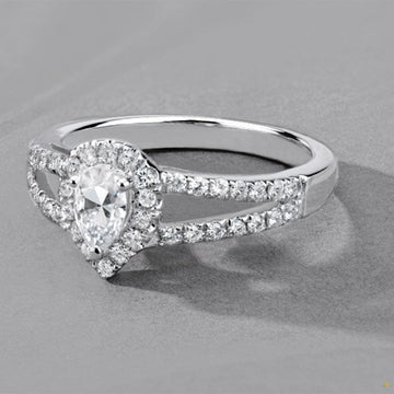 0.96 CTW   Pear Near-Colorless Moissanite Accented Split Shank Halo Engagement Ring in 14K White Gold