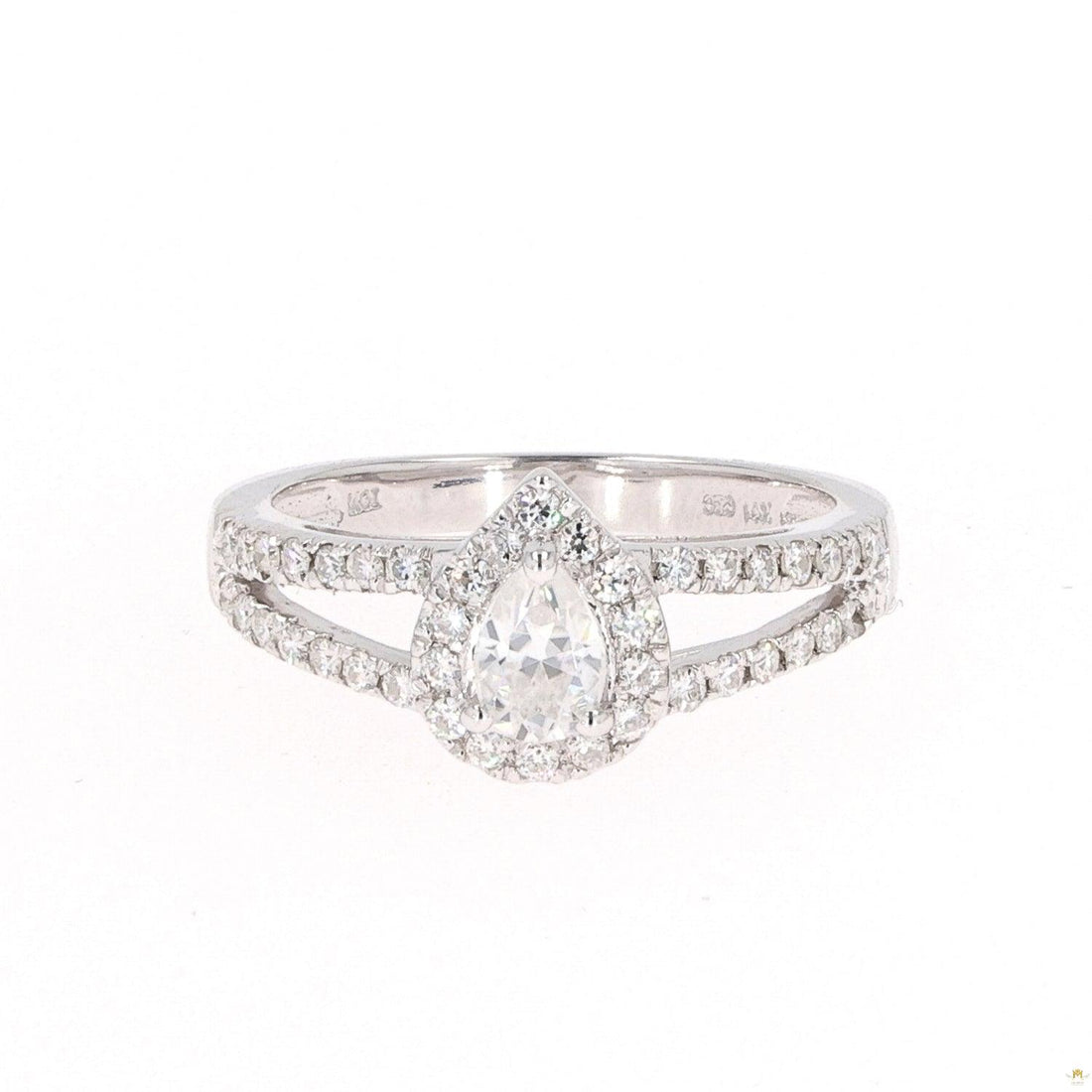 0.96 CTW   Pear Near-Colorless Moissanite Accented Split Shank Halo Engagement Ring in 14K White Gold