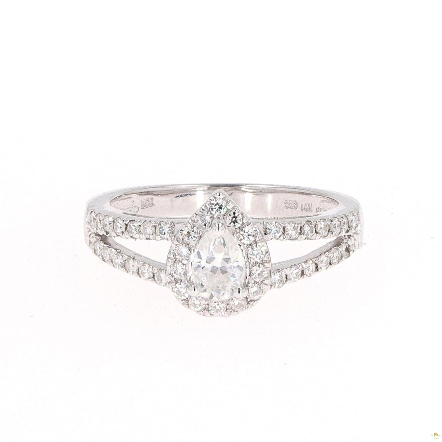 0.96 CTW   Pear Near-Colorless Moissanite Accented Split Shank Halo Engagement Ring in 14K White Gold