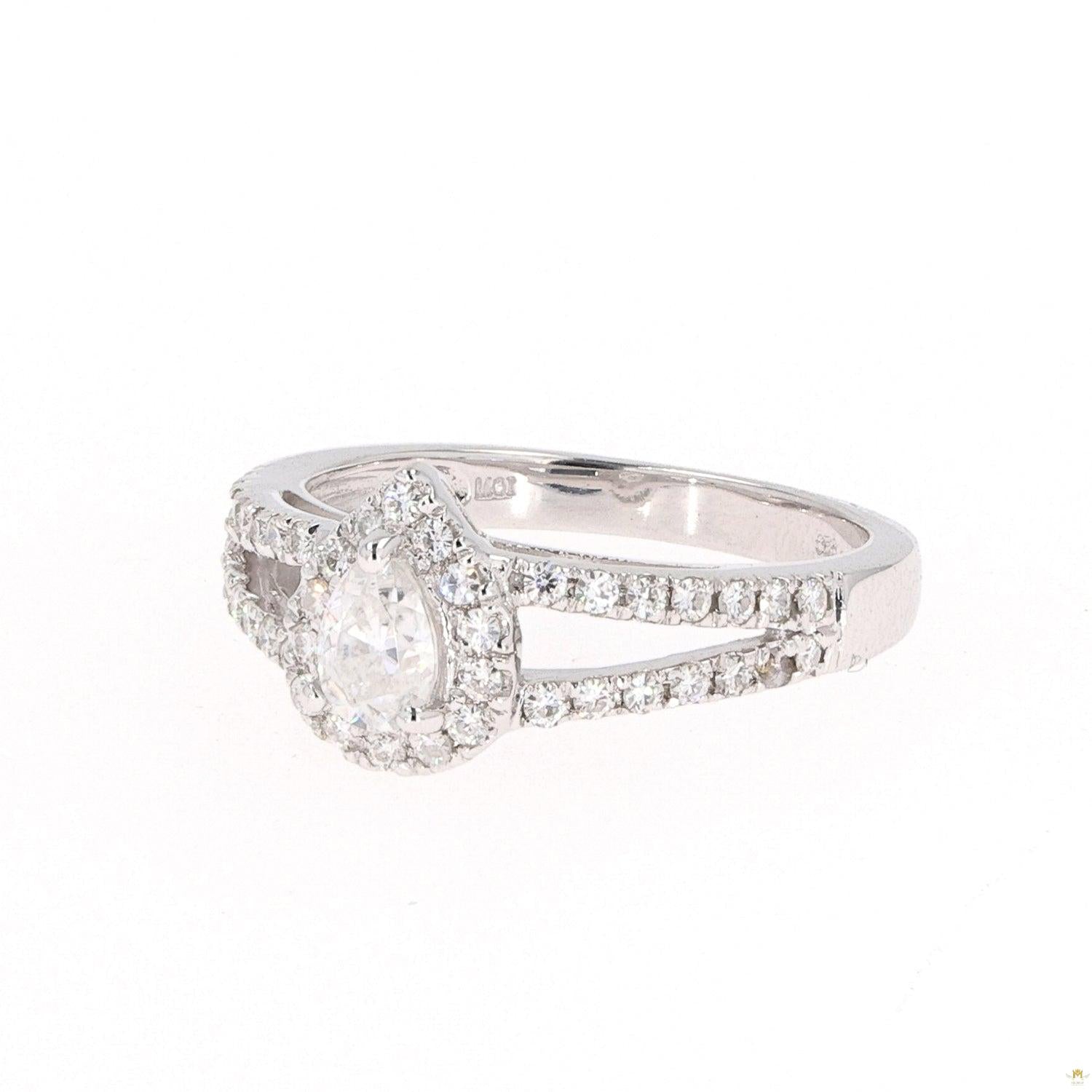 0.96 CTW   Pear Near-Colorless Moissanite Accented Split Shank Halo Engagement Ring in 14K White Gold