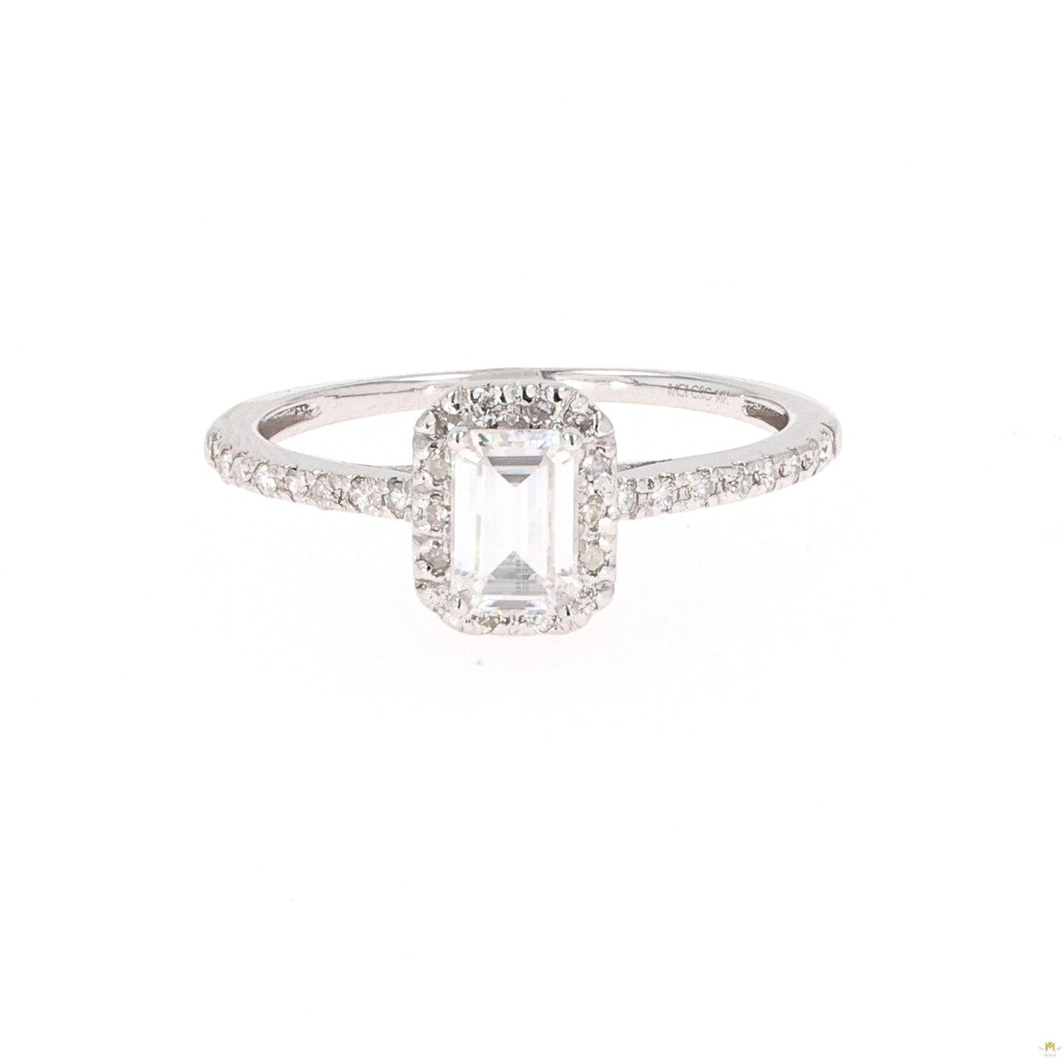 0.73 CTW   Emerald Near-Colorless Moissanite Accented Halo Engagement Ring in 14K White Gold