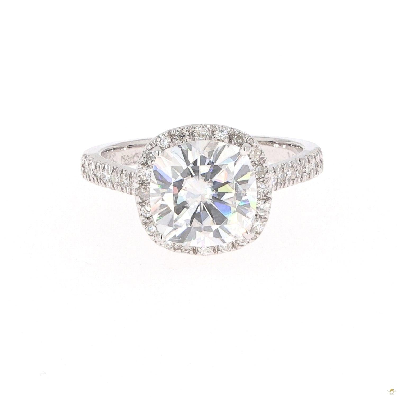 3.66 CTW   Cushion Near-Colorless Moissanite Halo Engagement Ring in 14K White Gold
