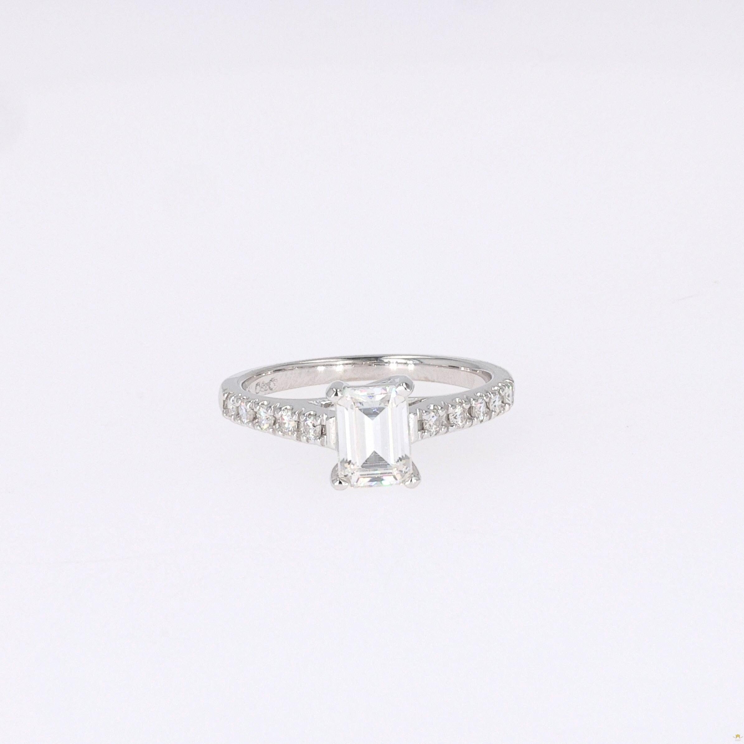 1.24 CTW   Emerald Near-Colorless Moissanite Side-Stone Ring in 14K White Gold