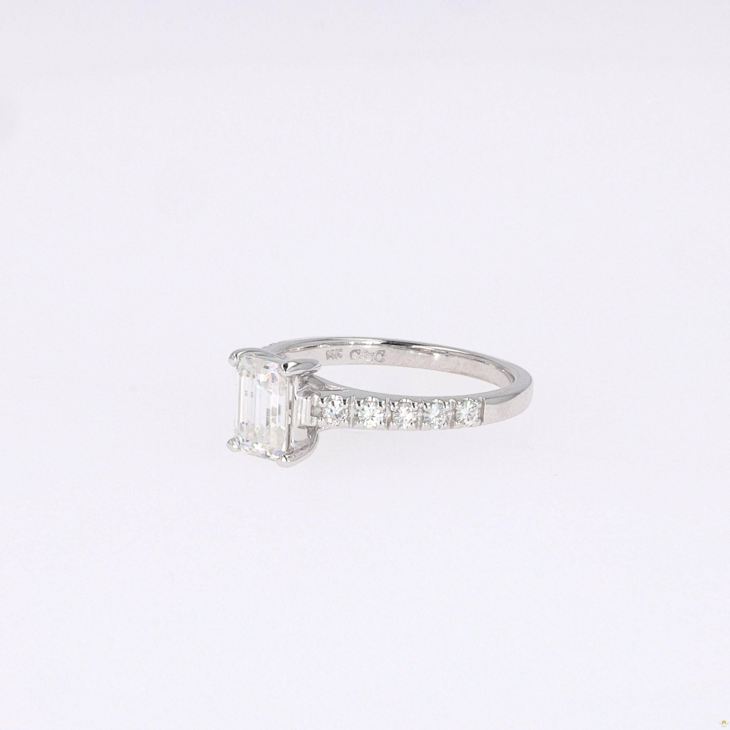 1.24 CTW   Emerald Near-Colorless Moissanite Side-Stone Ring in 14K White Gold