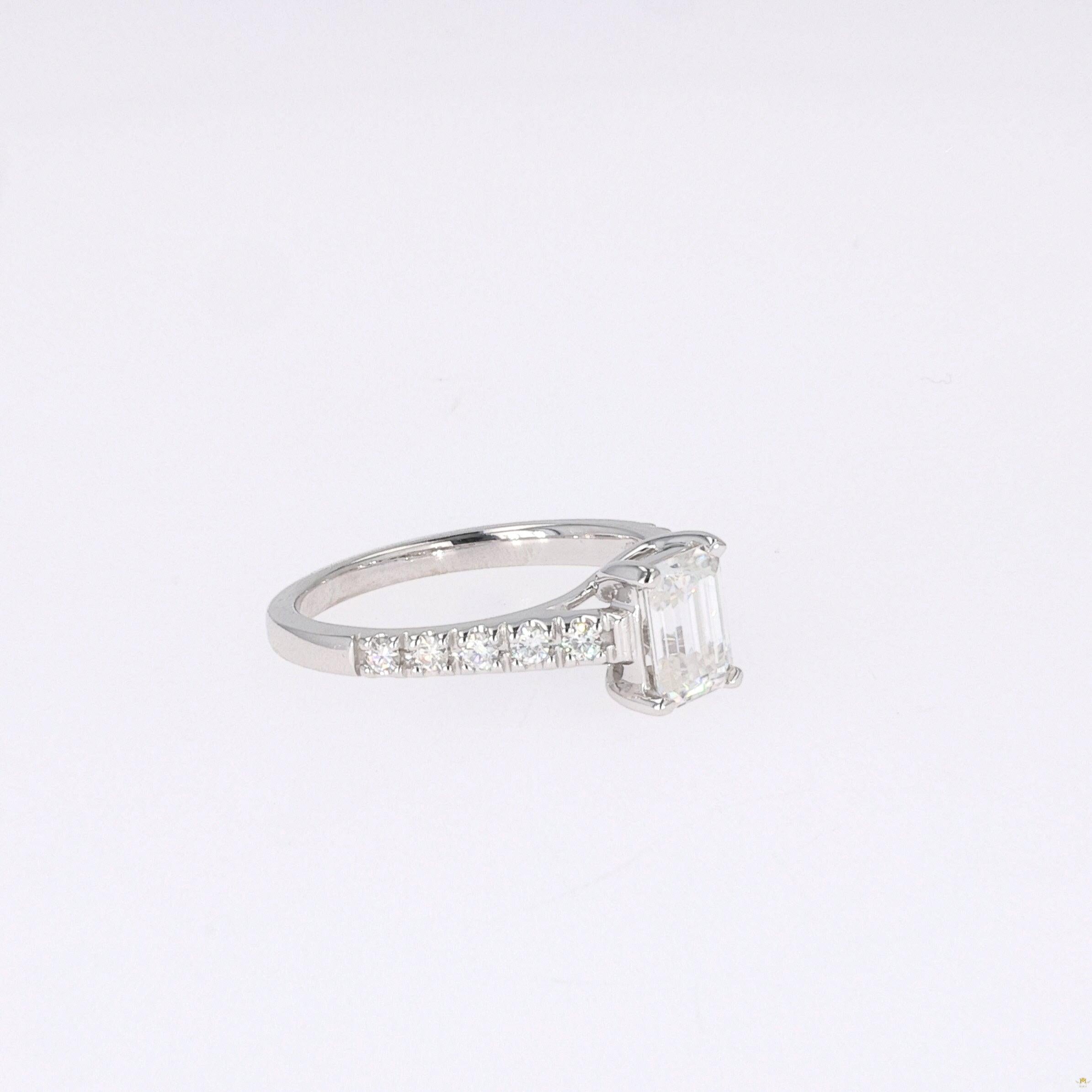 1.24 CTW   Emerald Near-Colorless Moissanite Side-Stone Ring in 14K White Gold