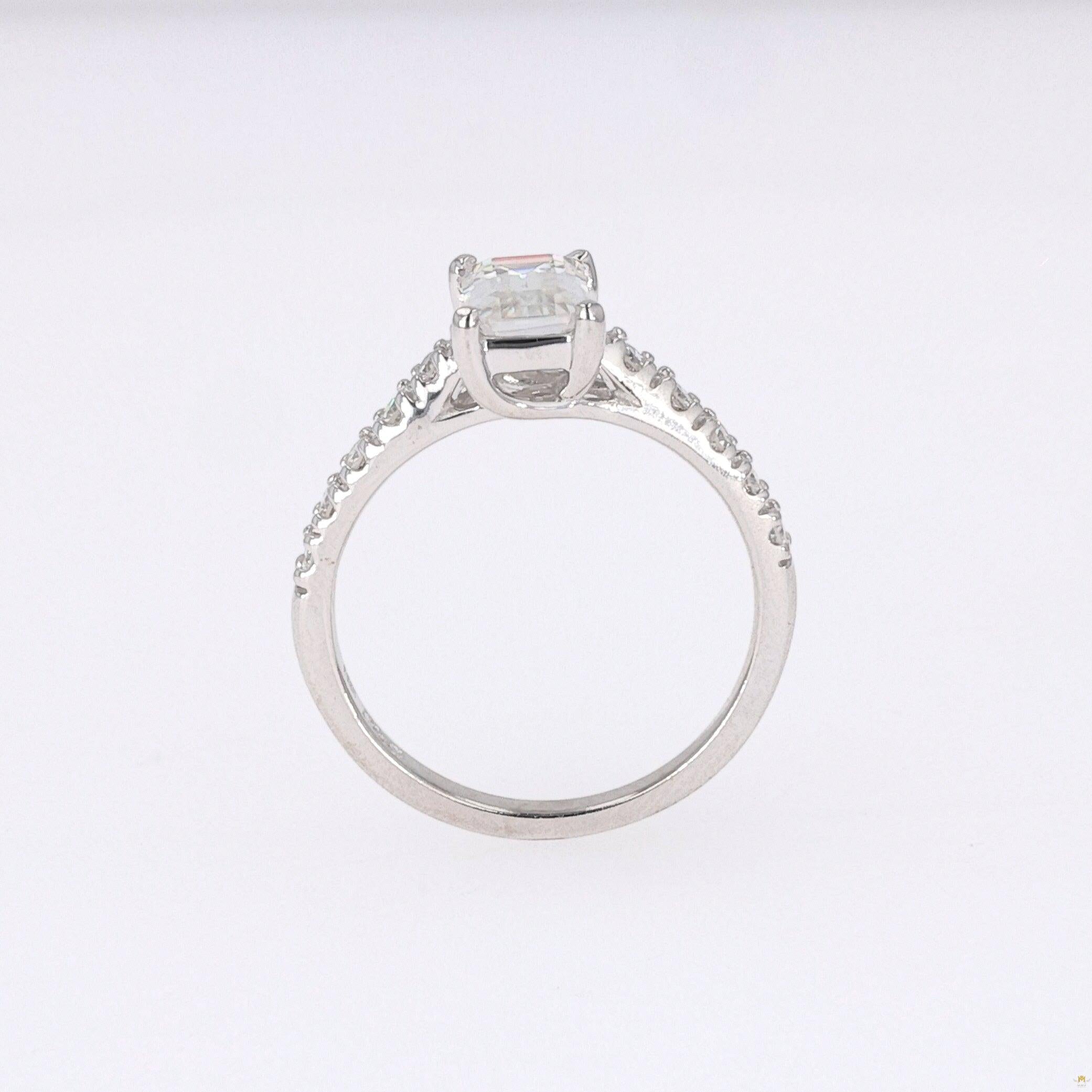 1.24 CTW   Emerald Near-Colorless Moissanite Side-Stone Ring in 14K White Gold