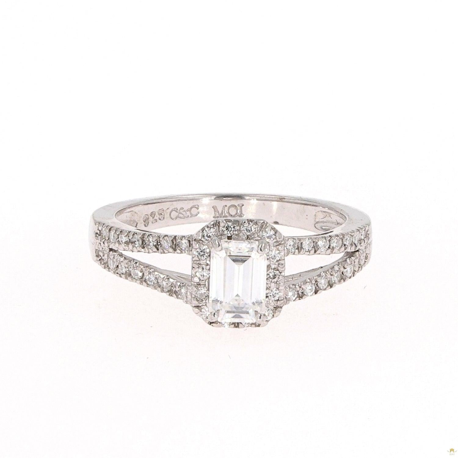 1.11 CTW   Emerald Near-Colorless Moissanite Split Shank Halo Engagement Ring in Sterling Silver