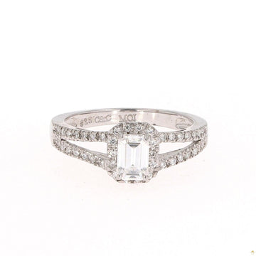 1.11 CTW   Emerald Near-Colorless Moissanite Split Shank Halo Engagement Ring in Sterling Silver