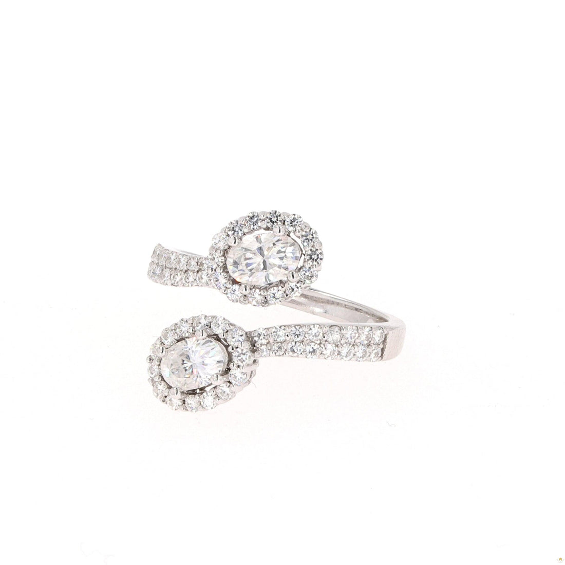 1.83 CTW   Oval Near-Colorless Moissanite Two-Stone Bypass Ring in 14K White Gold