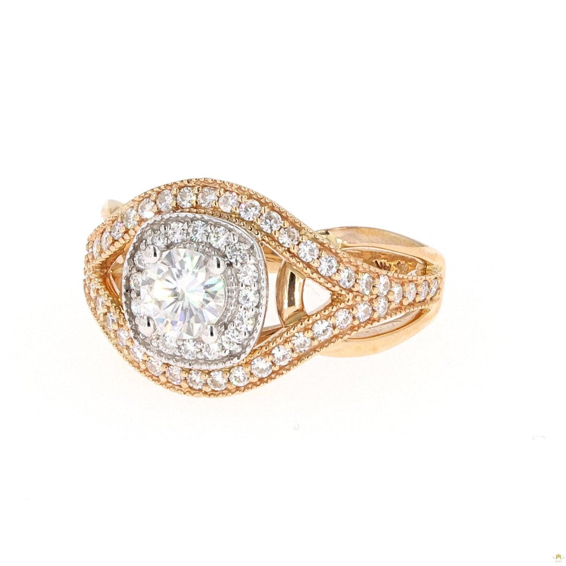 1.22 CTW   Round Near-Colorless Moissanite Halo Engagement Ring in 14K Two-Tone Gold