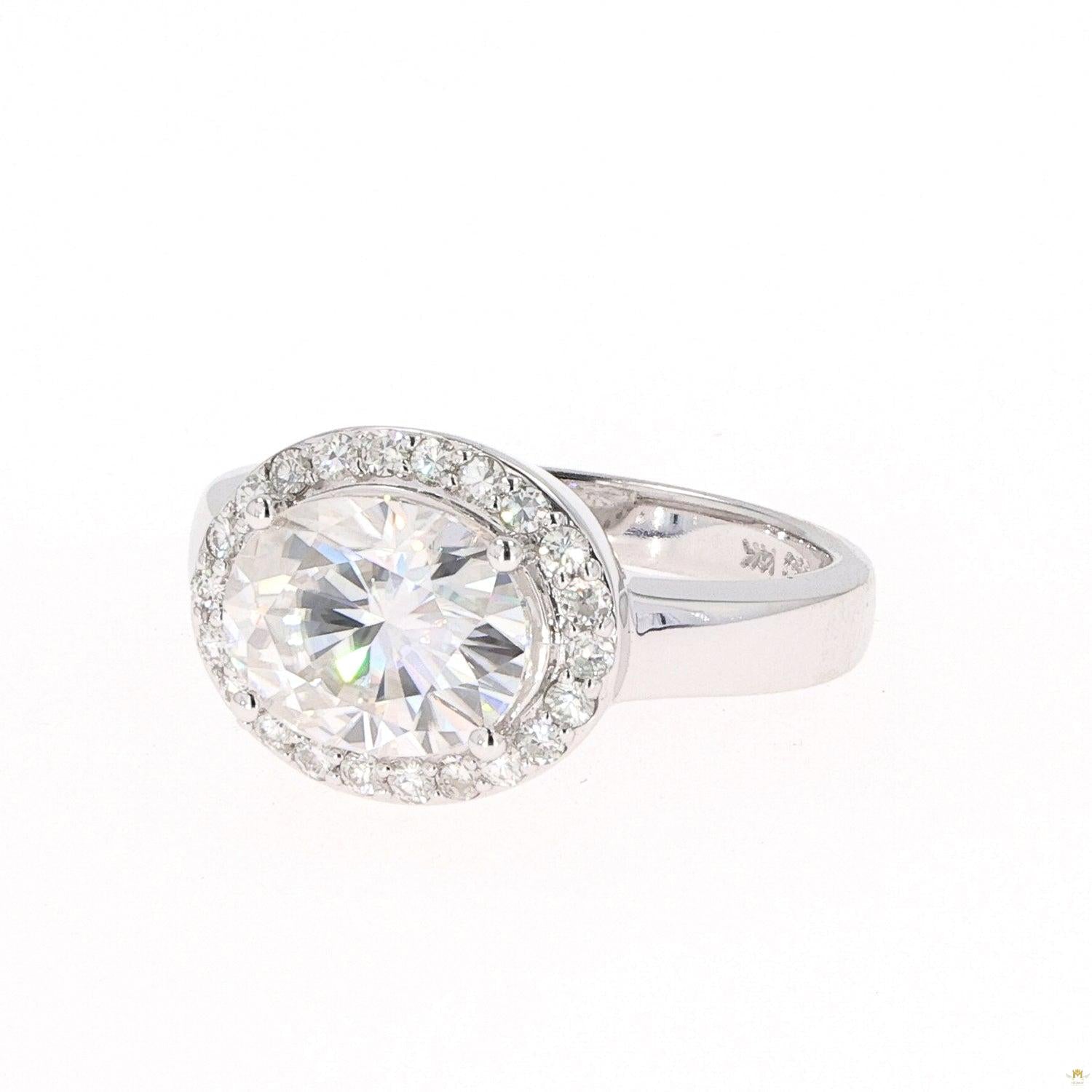 3.33 CTW   Oval Near-Colorless Moissanite East-West Halo Engagement Ring in 14K White Gold