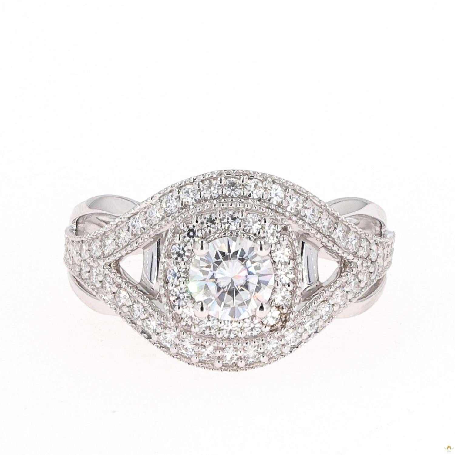 1.22 CTW   Round Near-Colorless Moissanite Accented Halo Engagement Ring in 14K White Gold