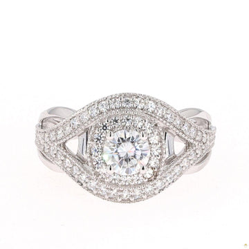 1.22 CTW   Round Near-Colorless Moissanite Accented Halo Engagement Ring in 14K White Gold