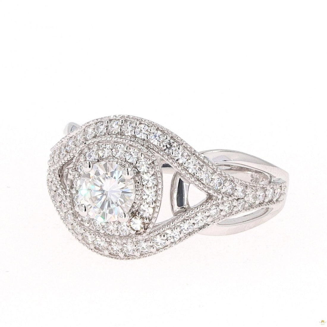 1.22 CTW   Round Near-Colorless Moissanite Accented Halo Engagement Ring in 14K White Gold