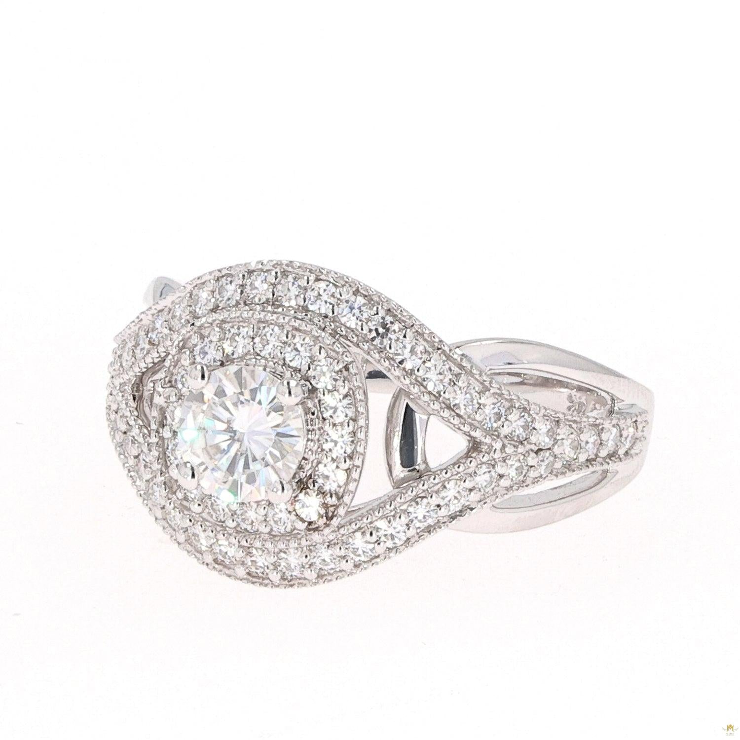1.22 CTW   Round Near-Colorless Moissanite Accented Halo Engagement Ring in 14K White Gold