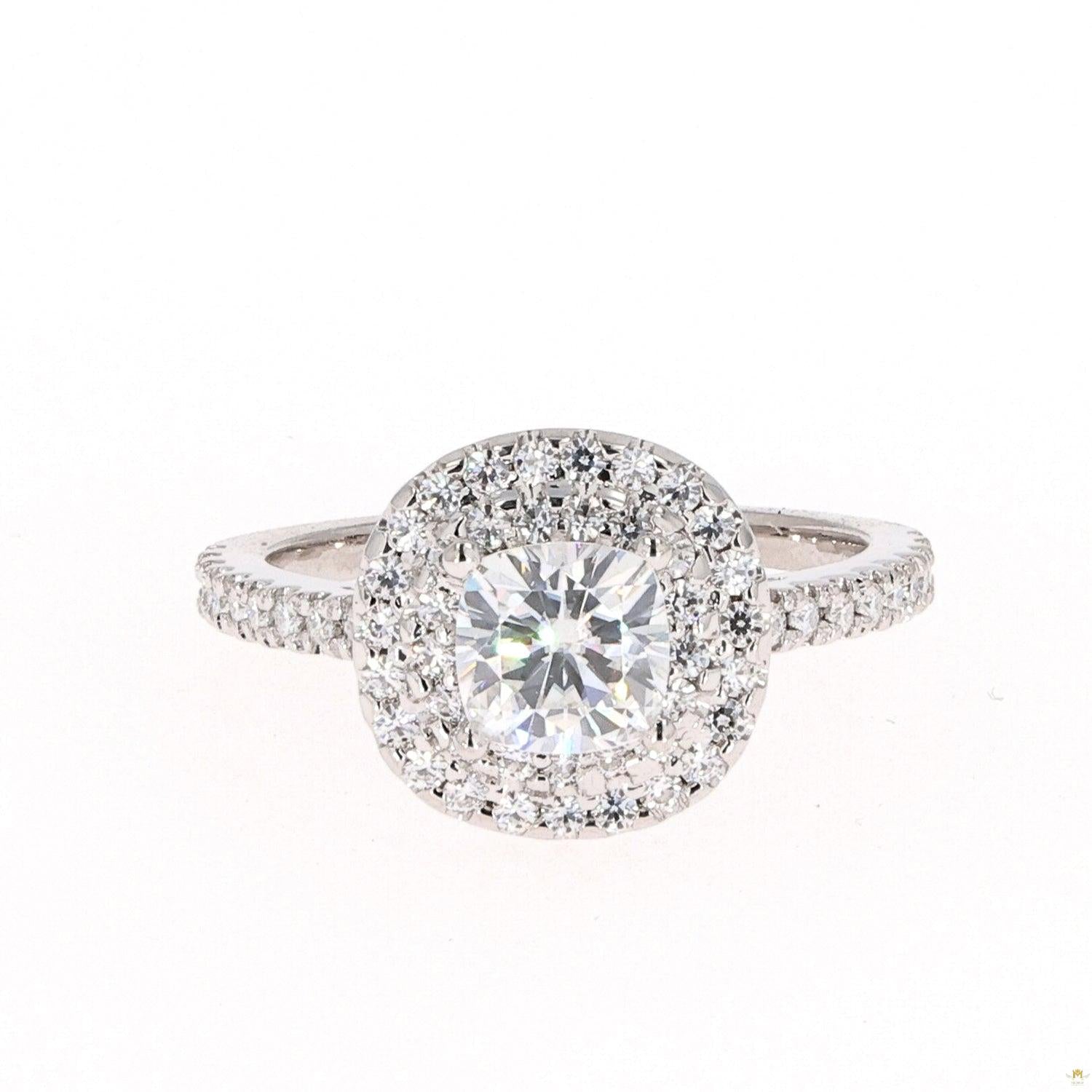 1.77 CTW   Cushion Near-Colorless Moissanite Accented Halo Engagement Ring in 14K White Gold
