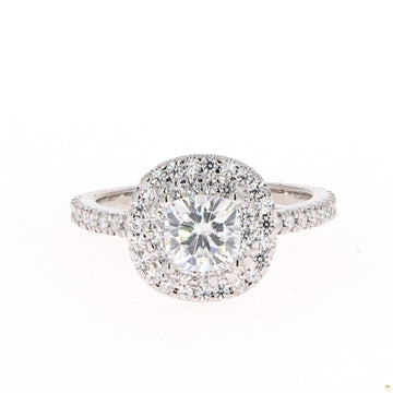 1.77 CTW   Cushion Near-Colorless Moissanite Accented Halo Engagement Ring in 14K White Gold
