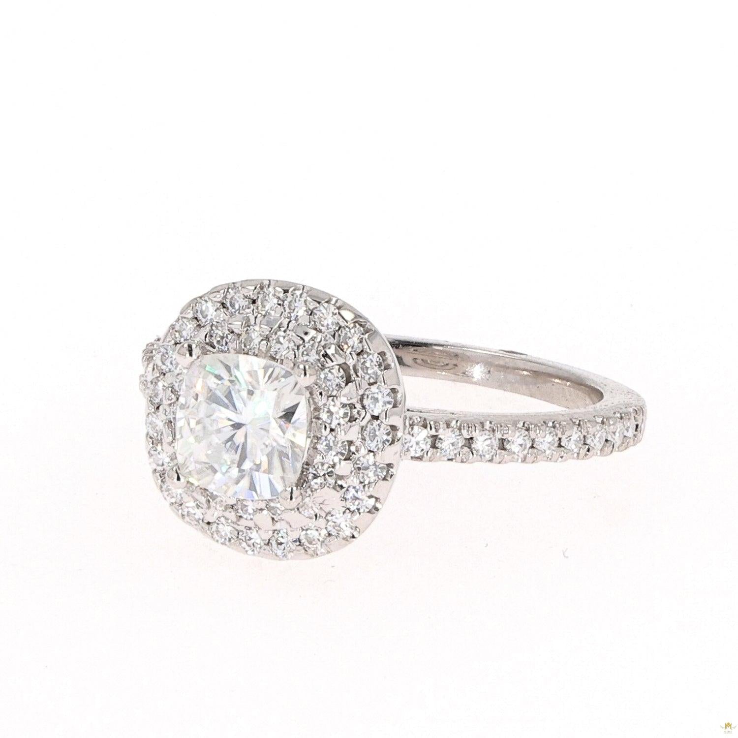 1.77 CTW   Cushion Near-Colorless Moissanite Accented Halo Engagement Ring in 14K White Gold