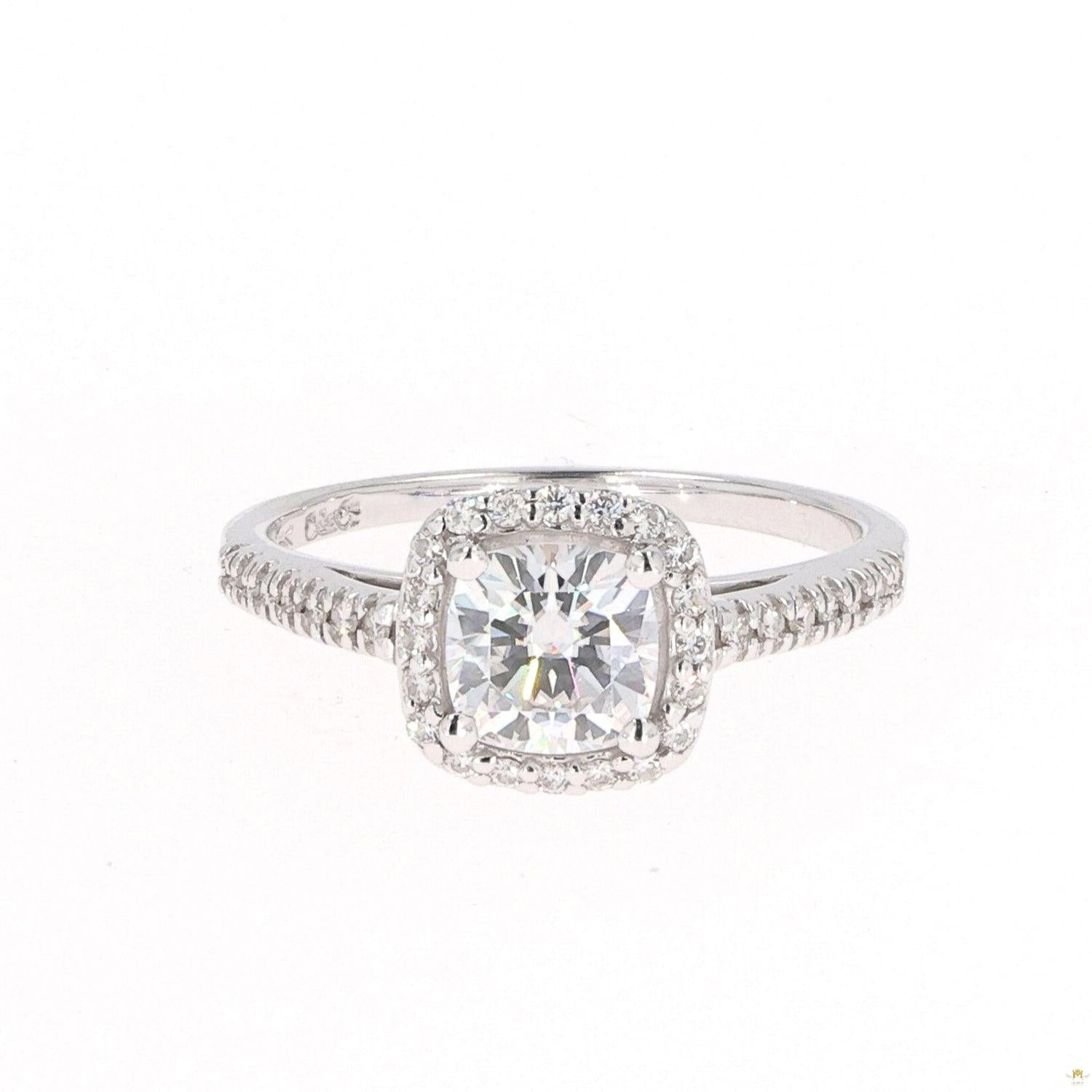 1.37 CTW   Cushion Near-Colorless Moissanite Accented Halo Engagement Ring in 14K White Gold