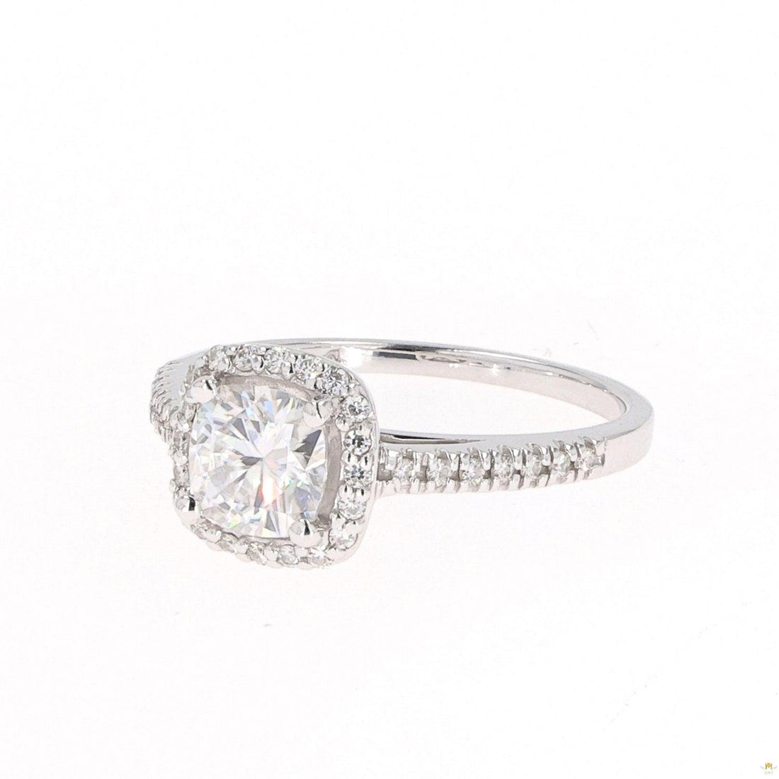 1.37 CTW   Cushion Near-Colorless Moissanite Accented Halo Engagement Ring in 14K White Gold