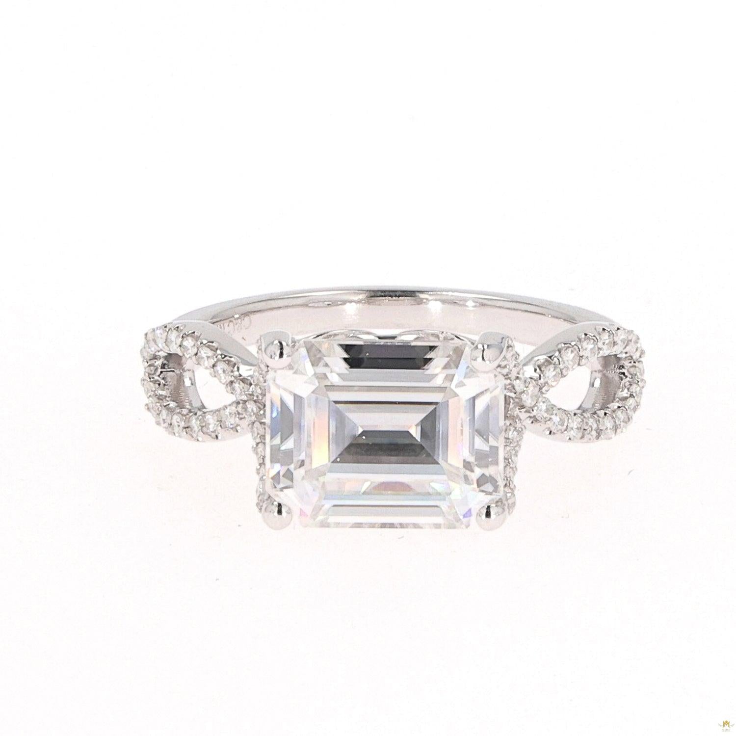 3.80 CTW   Emerald Near-Colorless Moissanite East-West Solitaire with Accents Engagement Ring in 14K White Gold