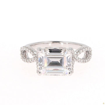 3.80 CTW   Emerald Near-Colorless Moissanite East-West Solitaire with Accents Engagement Ring in 14K White Gold