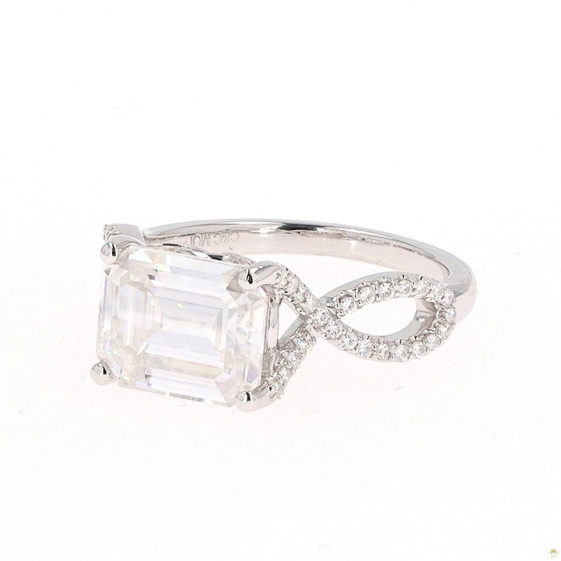 3.80 CTW   Emerald Near-Colorless Moissanite East-West Solitaire with Accents Engagement Ring in 14K White Gold