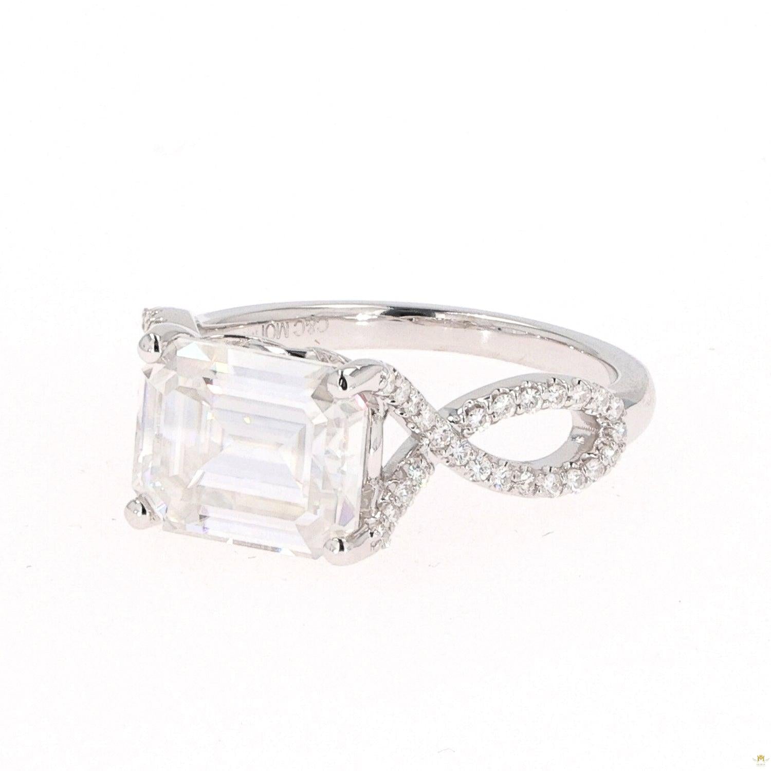 3.80 CTW   Emerald Near-Colorless Moissanite East-West Solitaire with Accents Engagement Ring in 14K White Gold