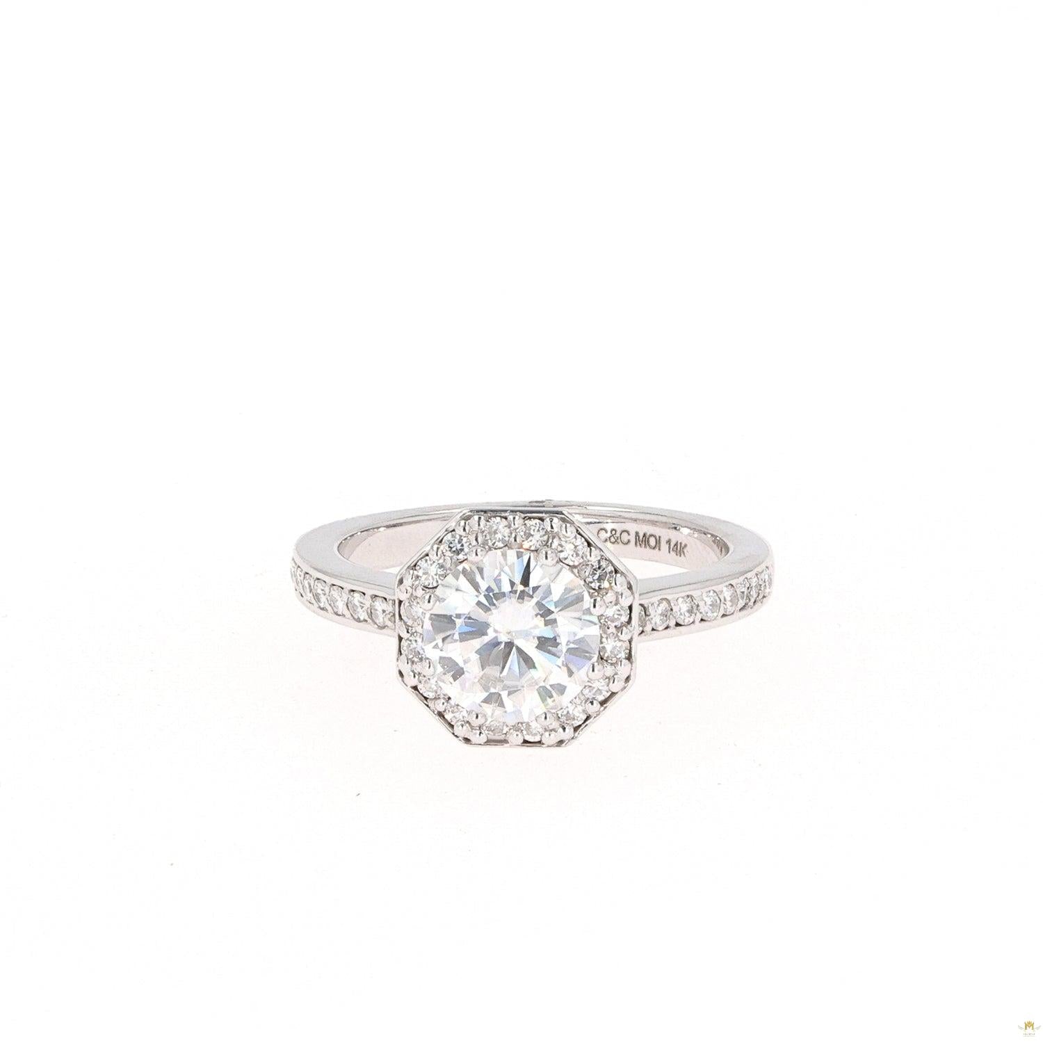 1.82 CTW   Round Near-Colorless Moissanite Halo Engagement Ring in 14K White Gold
