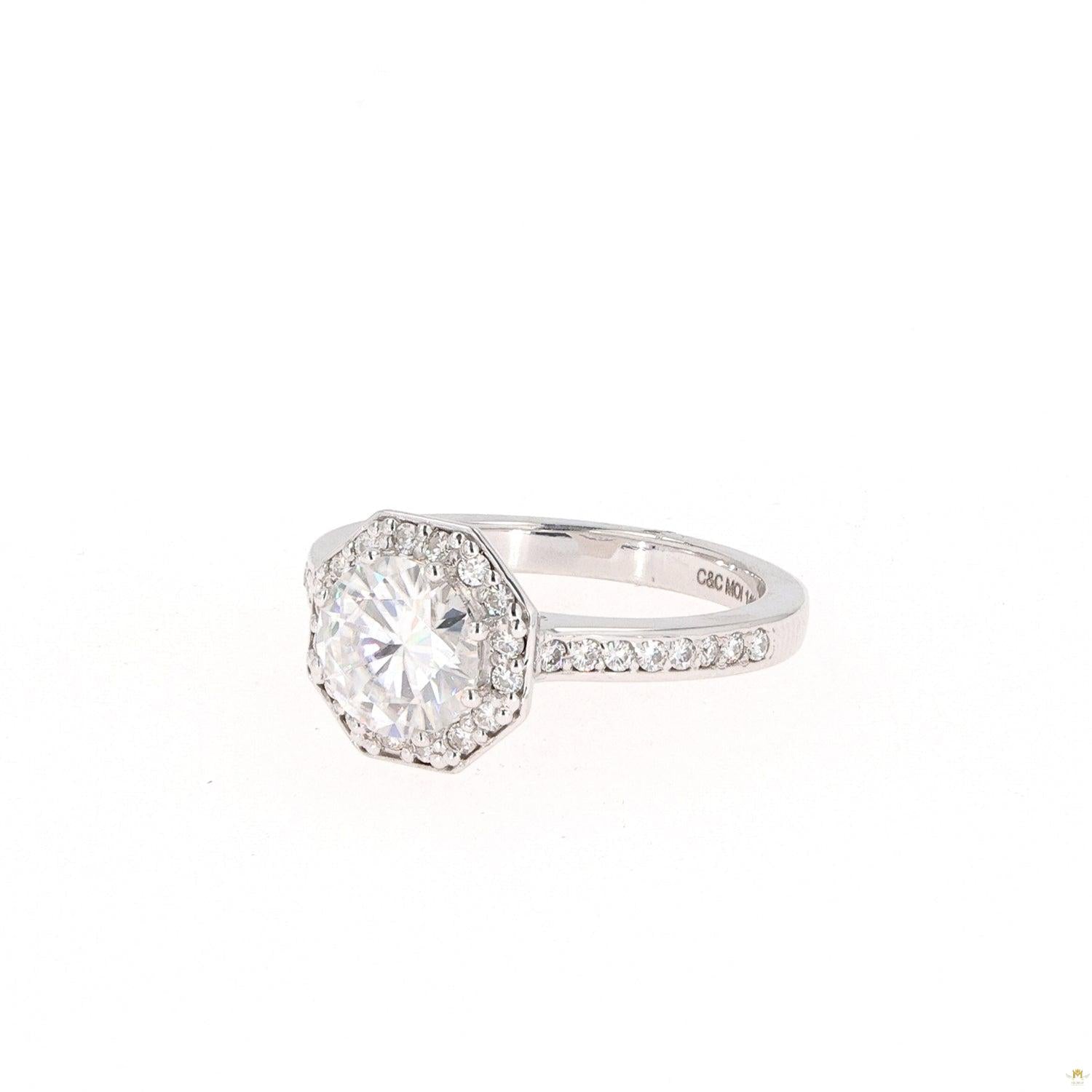 1.82 CTW   Round Near-Colorless Moissanite Halo Engagement Ring in 14K White Gold