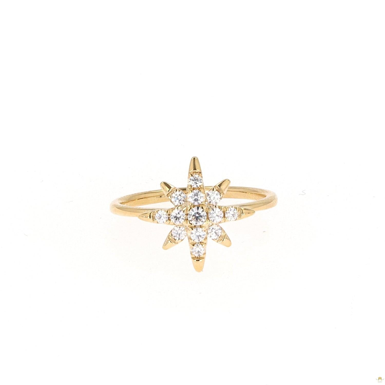 0.22 CTW   Round Near-Colorless Moissanite Starburst Ring in 14K Yellow Gold