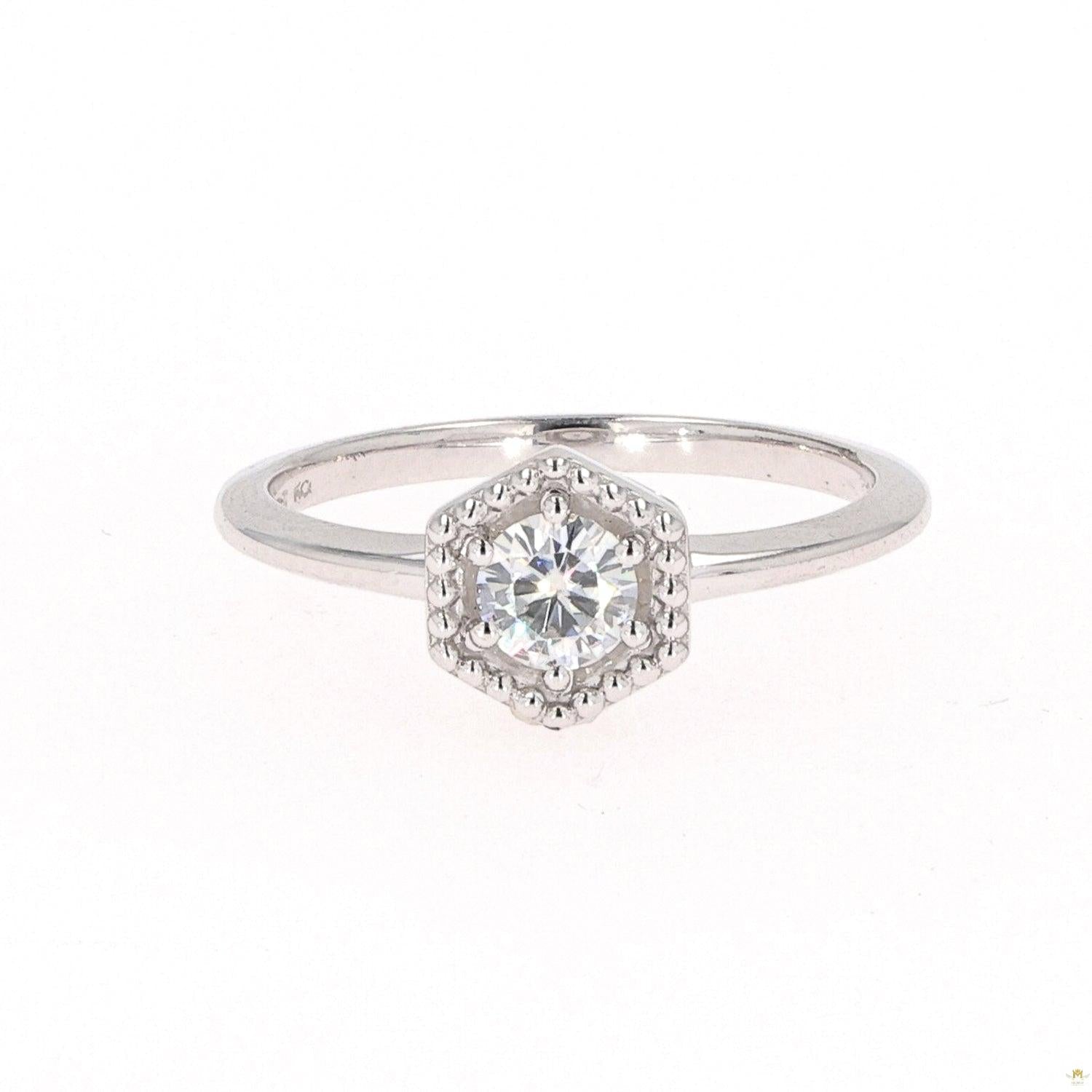 0.33 CTW   Round Moissanite Hexagon Milgrain Halo Ring in Sterling Silver