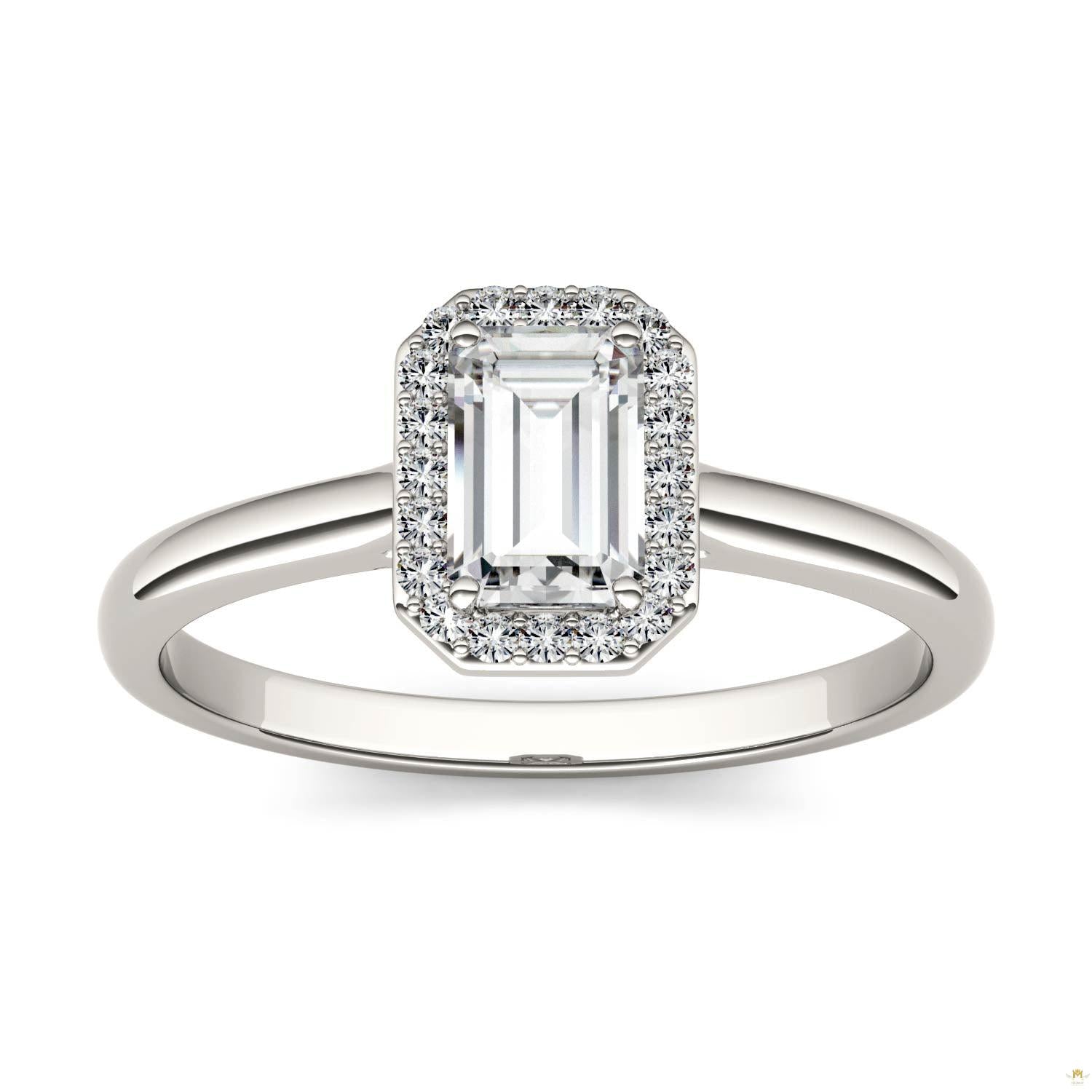 0.68 CTW   Emerald Moissanite Halo Ring in 14K White Gold