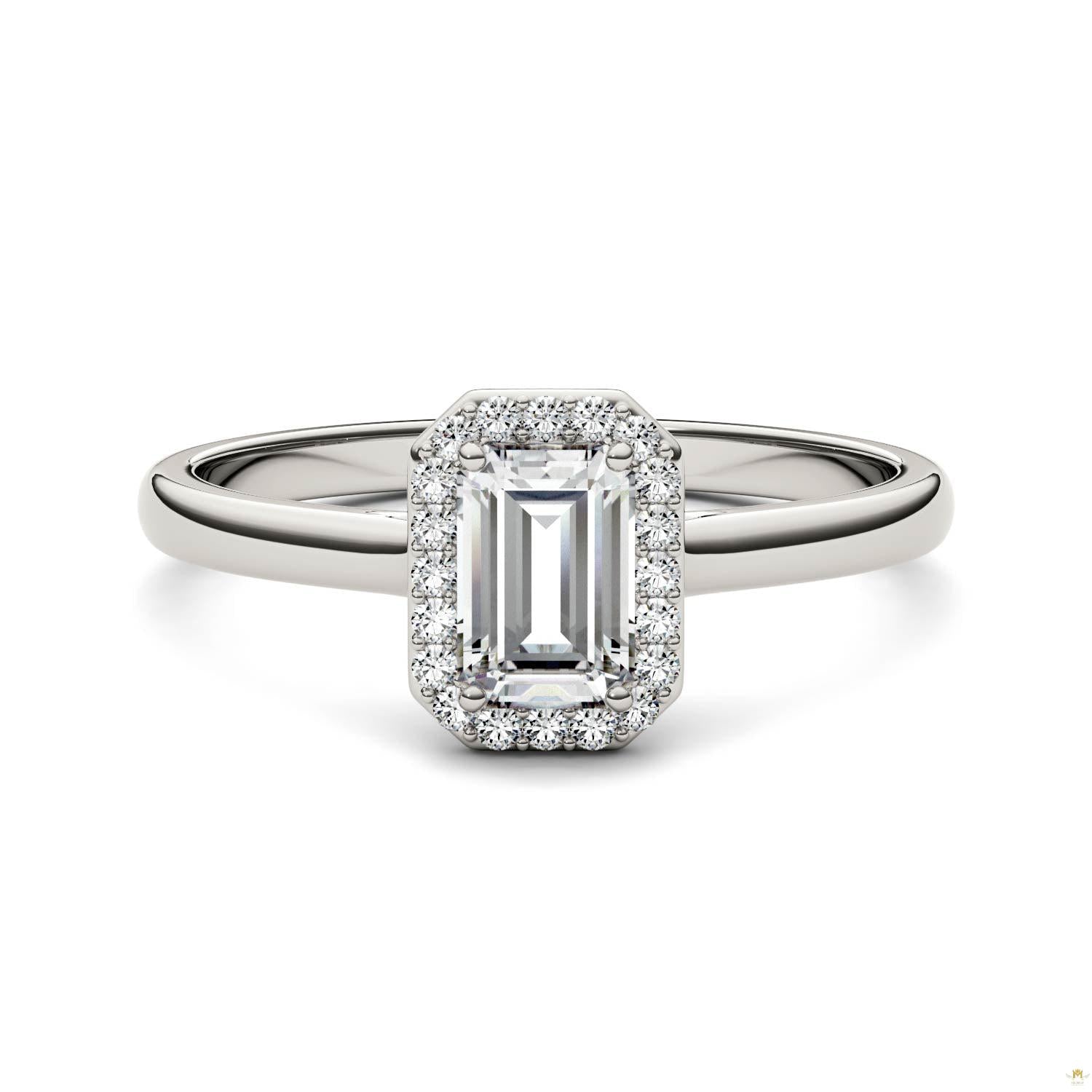 0.68 CTW   Emerald Moissanite Halo Ring in 14K White Gold