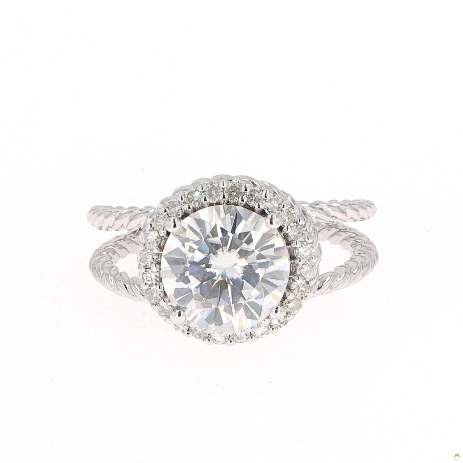 2.94 CTW   Round Moissanite Halo Engagement Ring in 14K White Gold
