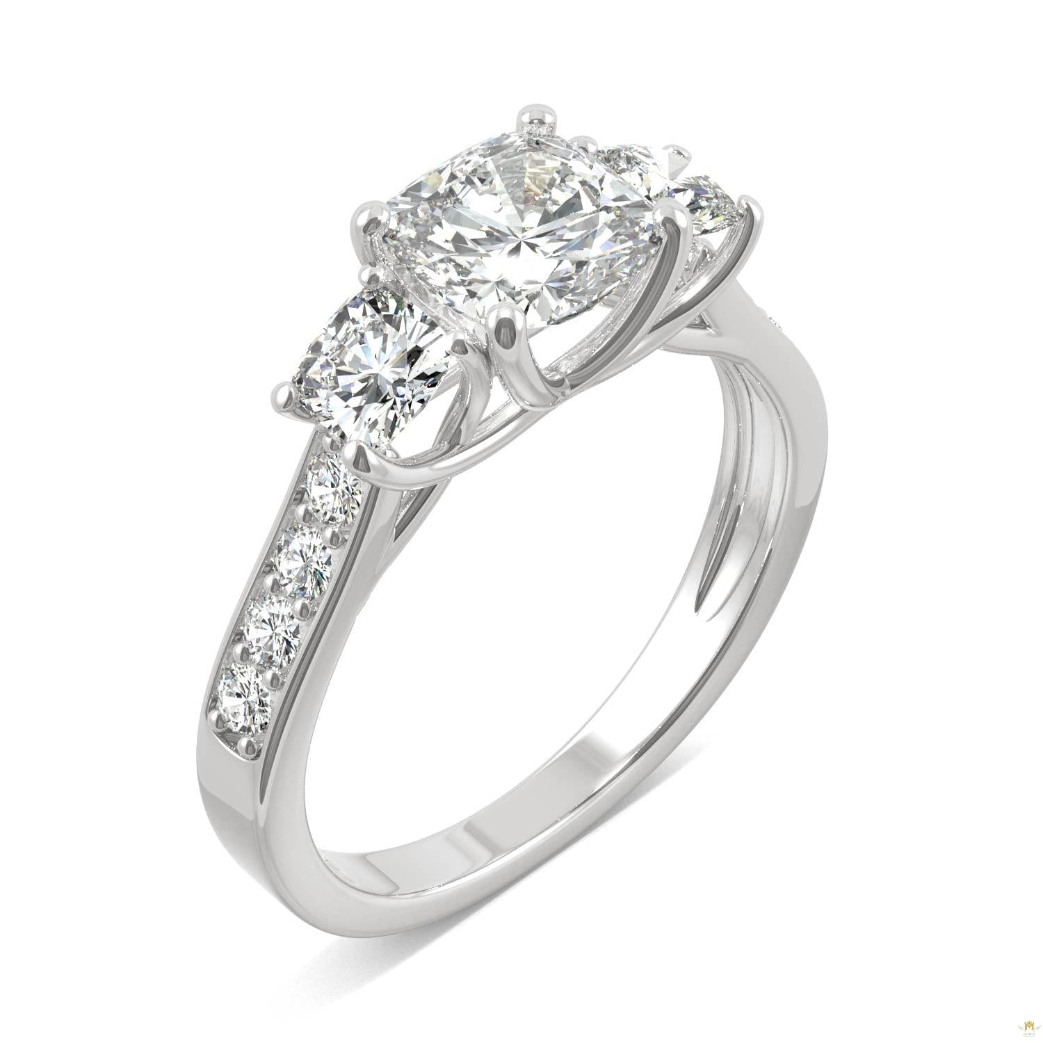 2.14 CTW   Cushion Moissanite Three Stone Ring in 14K White Gold