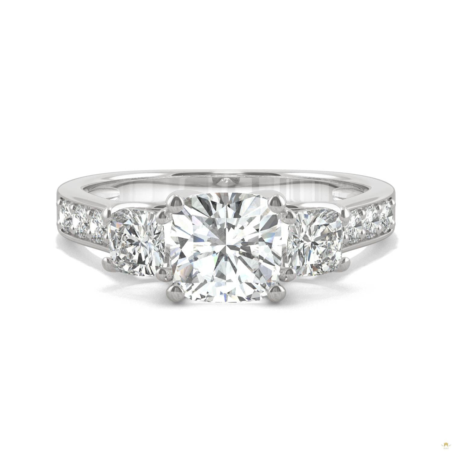 2.14 CTW   Cushion Moissanite Three Stone Ring in 14K White Gold