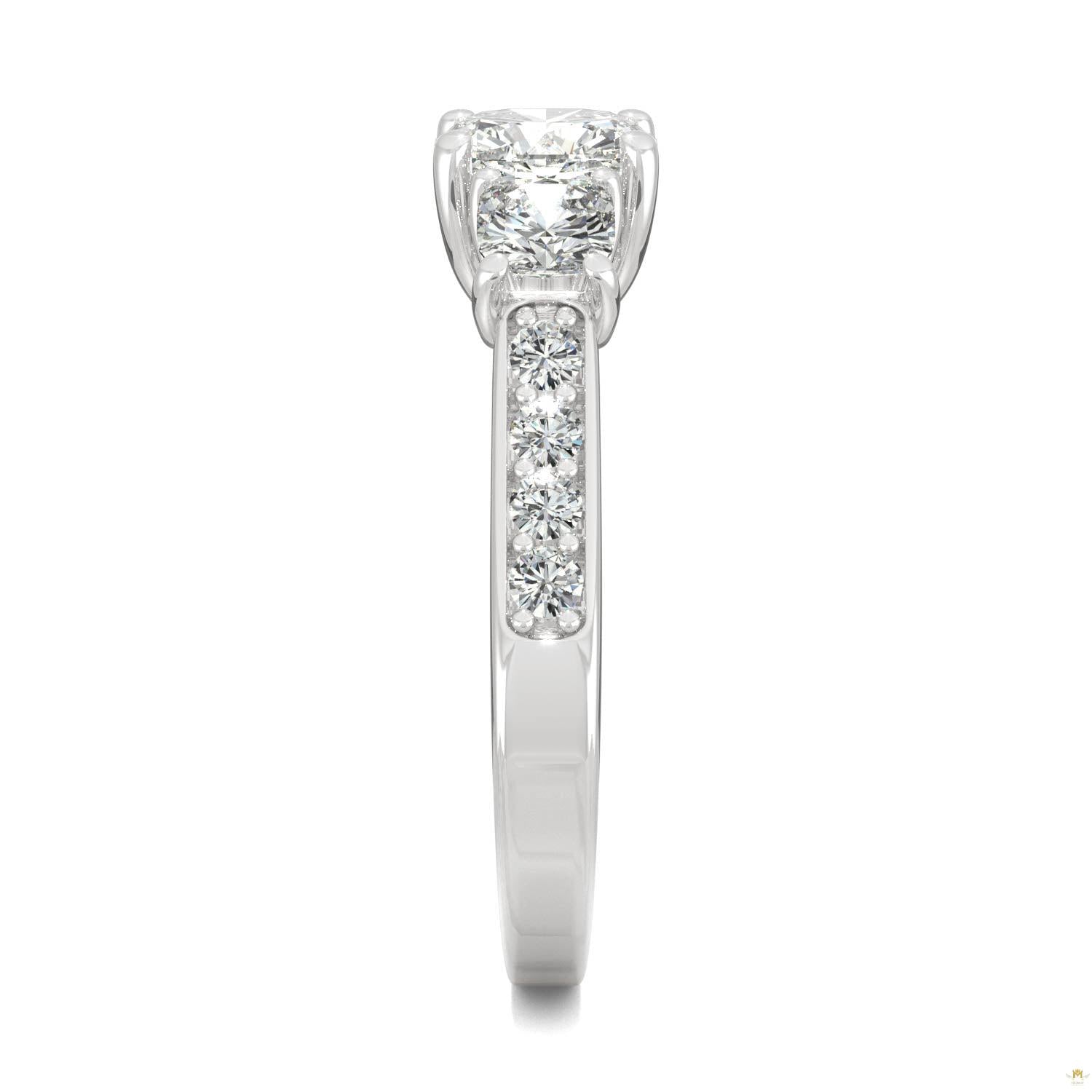 2.14 CTW   Cushion Moissanite Three Stone Ring in 14K White Gold