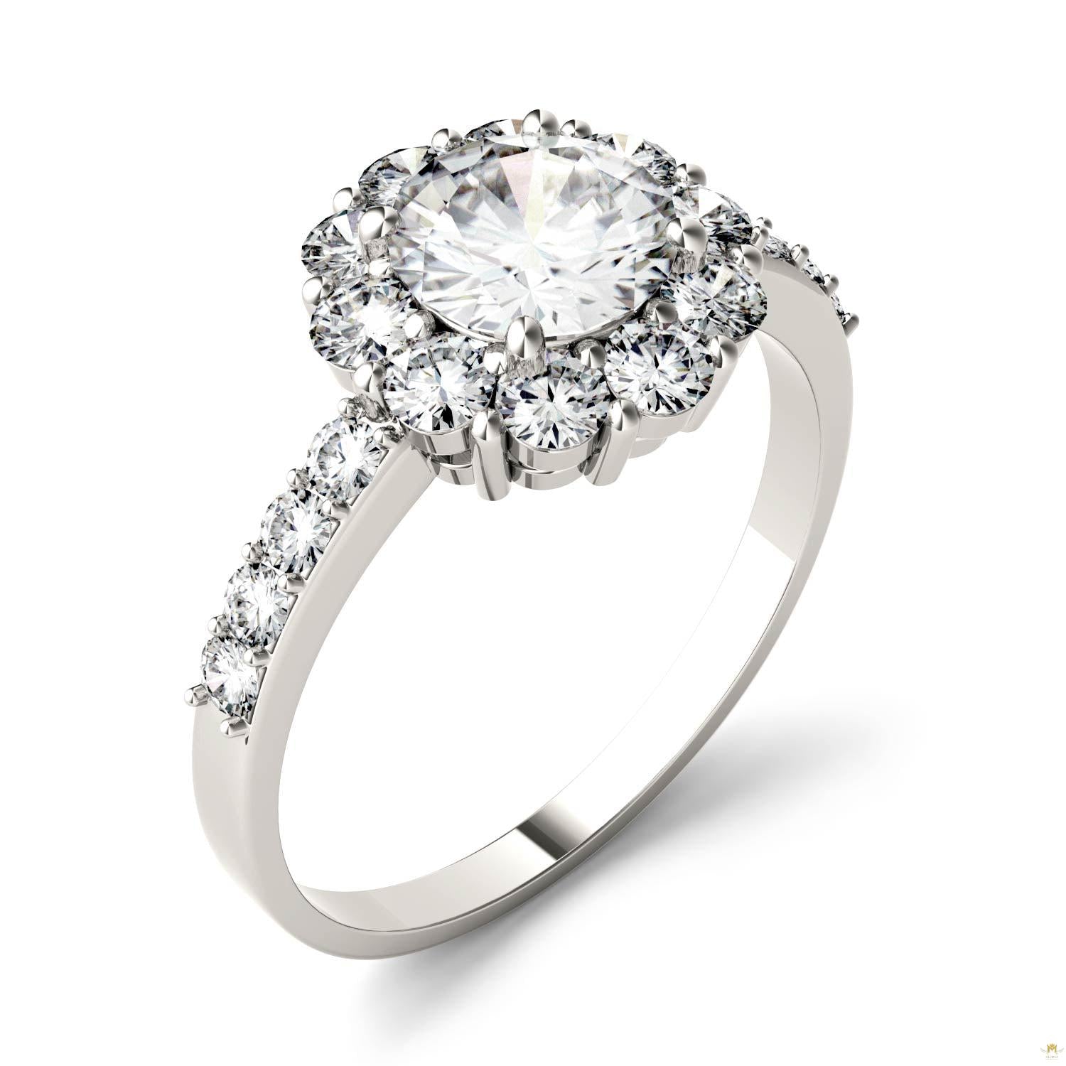 1.78 CTW   Round Moissanite Halo Ring in 14K White Gold