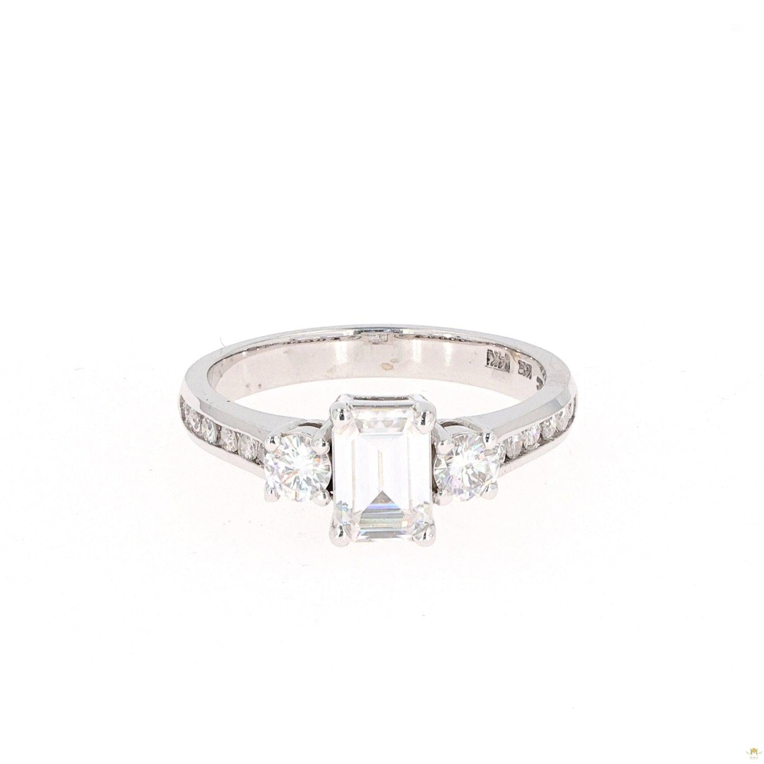 1.57 CTW   Emerald Near-Colorless Moissanite Three-Stone Engagement Ring in 14K White Gold