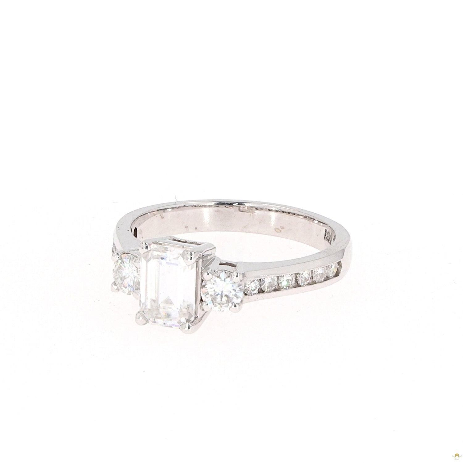 1.57 CTW   Emerald Near-Colorless Moissanite Three-Stone Engagement Ring in 14K White Gold